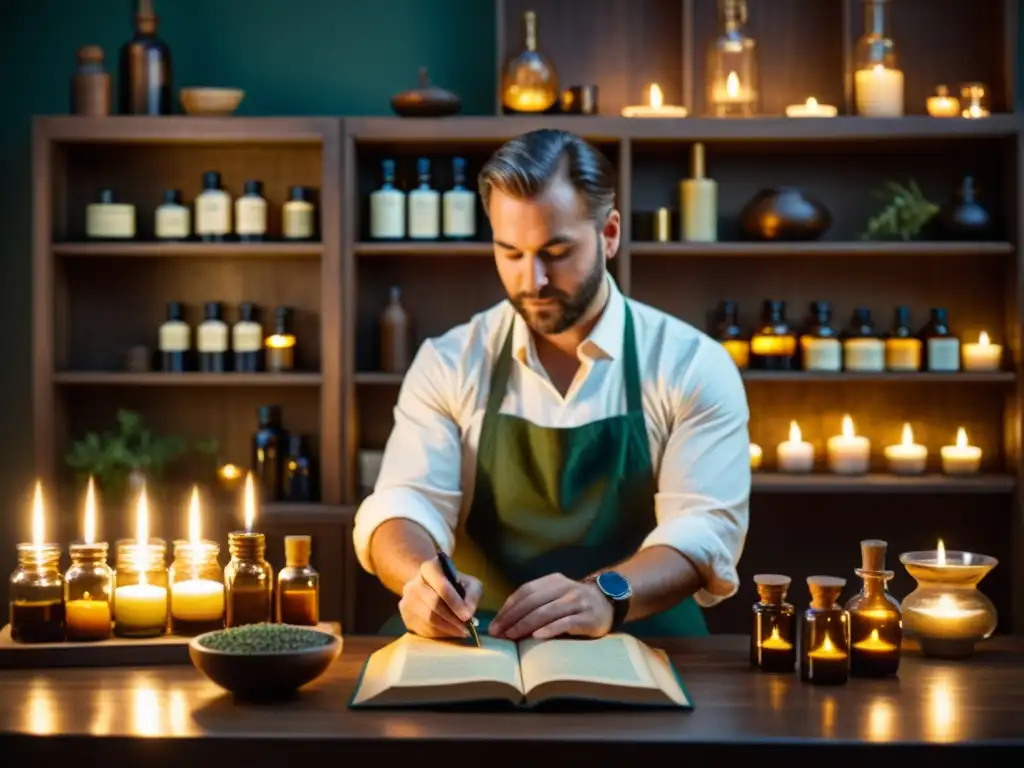 Una aromaterapeuta profesional mezcla aceites esenciales en su acogedor estudio vintage