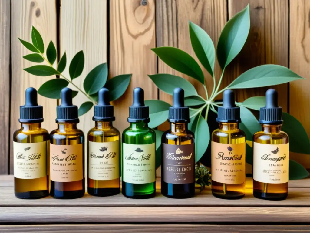 Esencias botánicas: ilustración vintage de aceites esenciales y plantas Un arreglo vintage de botellas de aceites esenciales y plantas en una superficie rústica