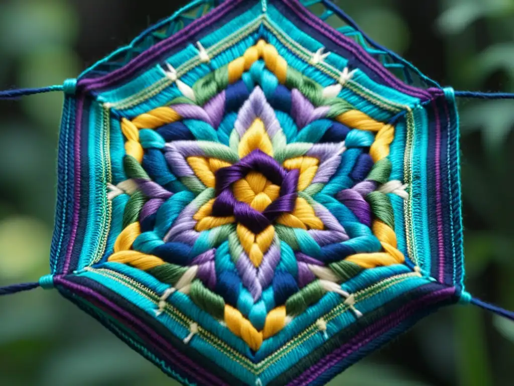 Artesanía de Ojos de Dios tejidos con cuidado en tonos de azul, verde y morado, mostrando un patrón complejo y cautivador