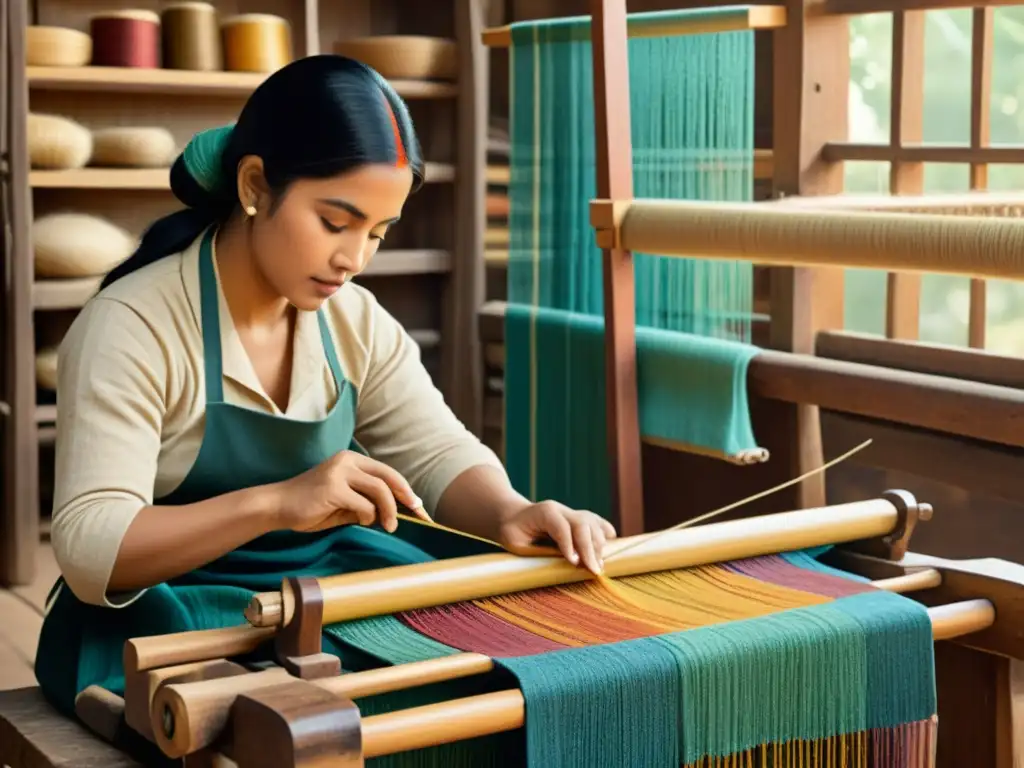 Artesanos tejiendo patrones en telares de madera con hilos coloridos en un taller rústico