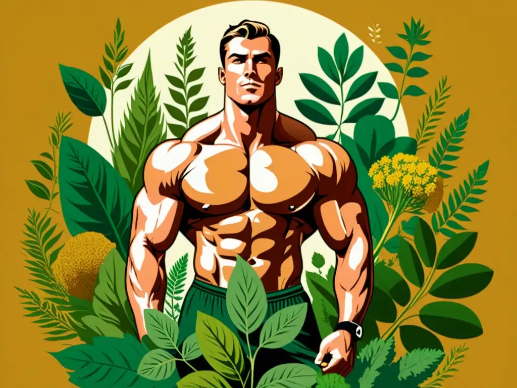 Un atleta musculoso rodeado de hierbas y plantas, evocando sabiduría natural y fuerza