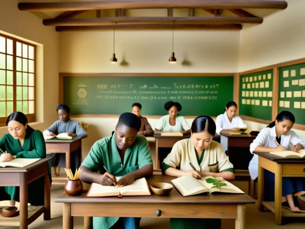 Aula de medicina tradicional con diversidad de estudiantes y instructor experimentado