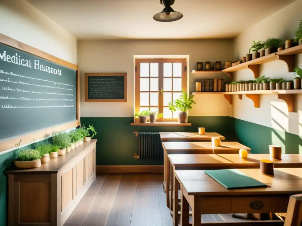 Una aula de medicina tradicional con mobiliario antiguo, libros y hierbas en estantes, y pizarrón con diagramas de plantas medicinales