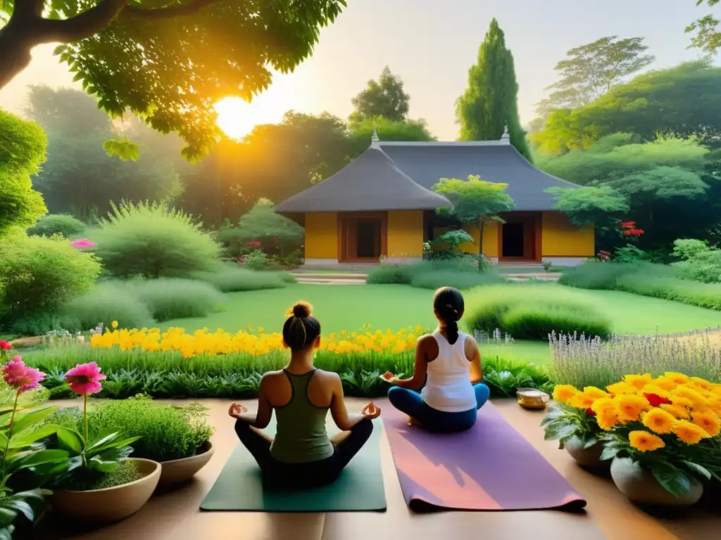 Un jardín ayurvédico exuberante donde los niños practican yoga