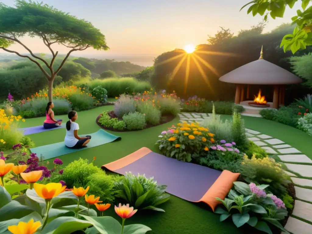 Un jardín ayurvédico sereno y exuberante con niños practicando yoga al atardecer