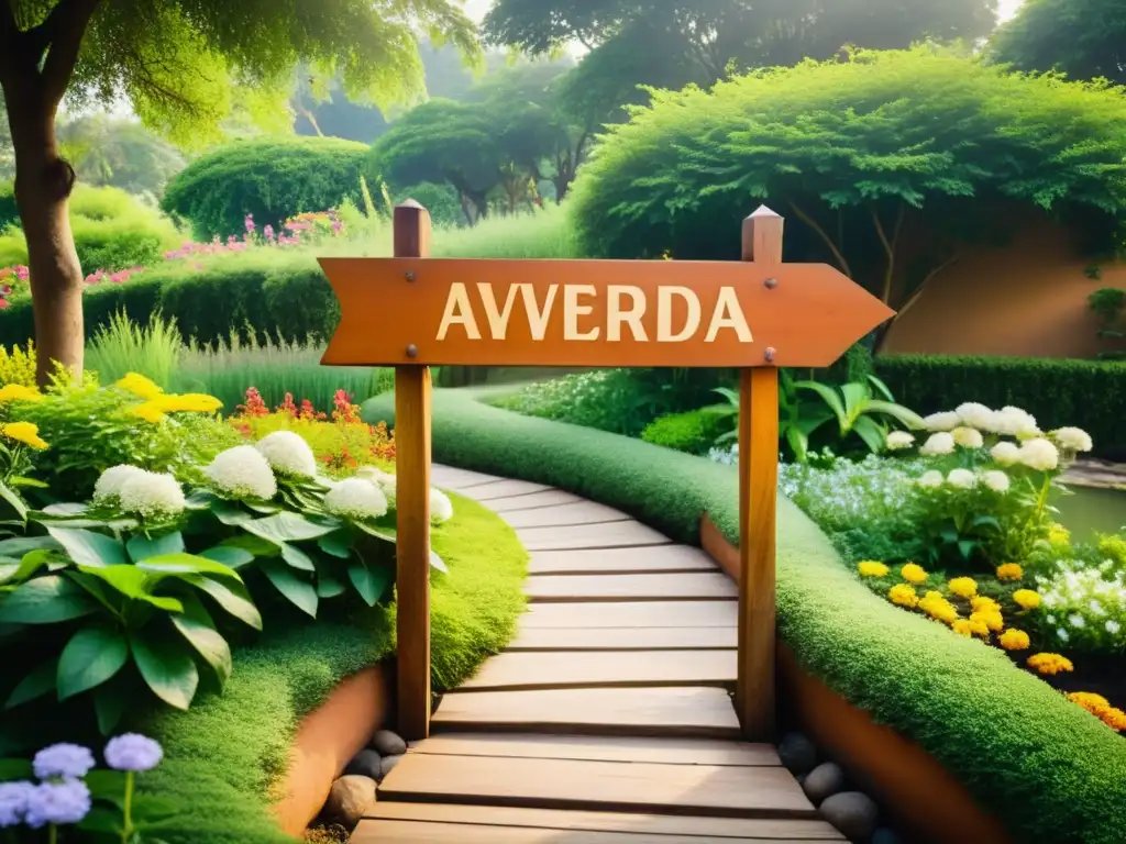 Un jardín ayurvédico sereno en la India con plantas, flores, signo de madera, arroyo, yoga y conexión espiritual