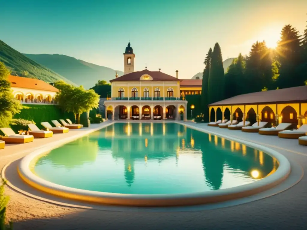 Un balneario europeo vintage con arquitectura grandiosa, vegetación exuberante y personas disfrutando de las aguas termales