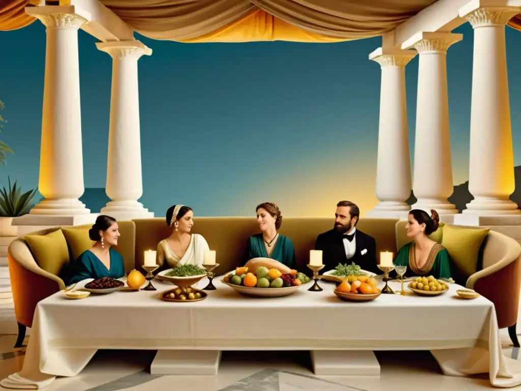 Banquete griego con figuras elegantes disfrutando de frutas, frutos secos y aceitunas en un ambiente opulento