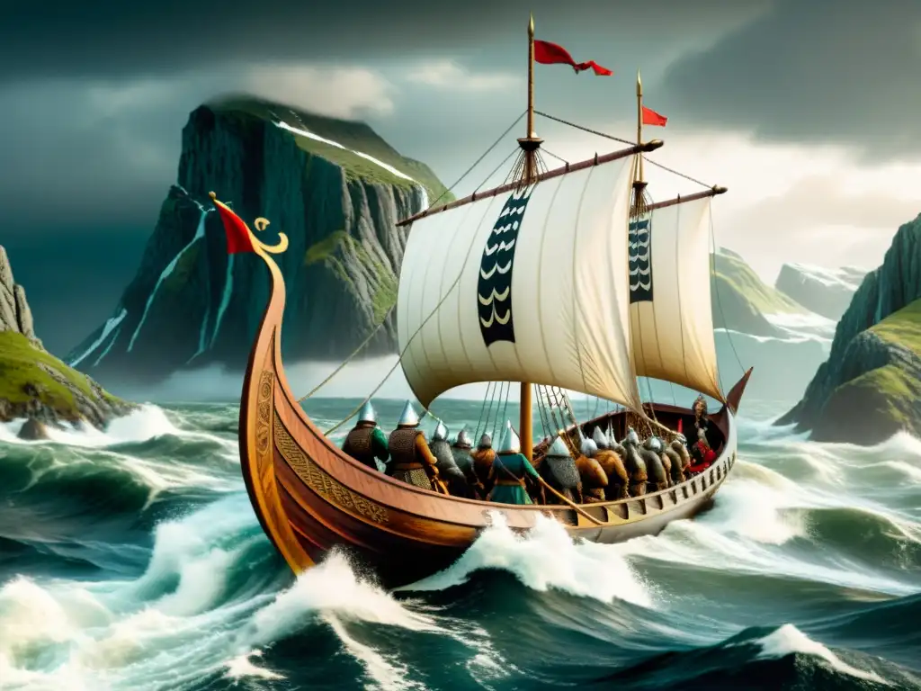 Un barco vikingo surca aguas tormentosas con guerreros y paisajes nórdicos, evocando la medicina tradicional vikinga en Europa