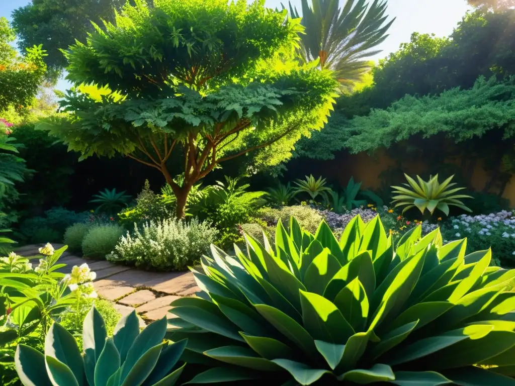 Un jardín bíblico exuberante y detallado con plantas medicinales, vibrantes colores y una atmósfera de tranquilidad y reverencia