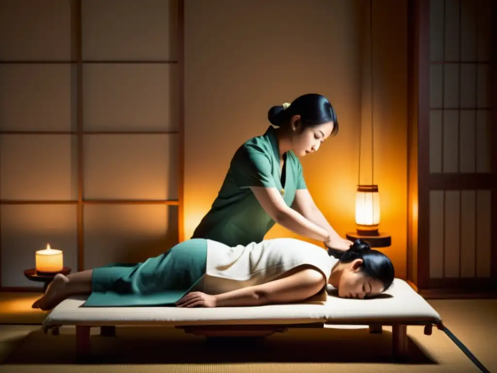Tratamiento relajante de shiatsu en ambiente sereno Bienestar y relajación en una ilustración vintage de una sesión de shiatsu