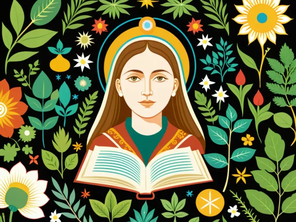 Hildegarda de Bingen rodeada de hierbas y plantas, escribiendo en un libro con símbolos de visión holística salud