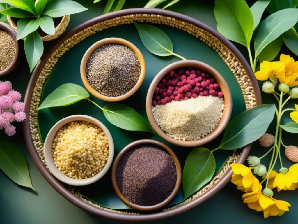 Bodegón de superalimentos indígenas en cestas tejidas, entre vegetación exuberante y flores coloridas