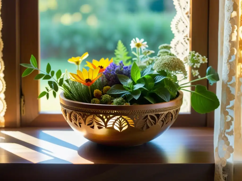 Un bol de madera tallada repleto de hierbas y flores medicinales, bañado por la cálida luz del sol