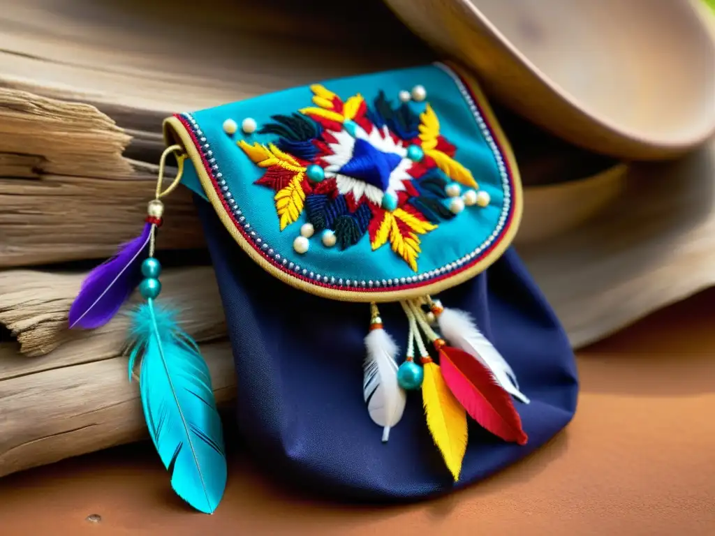 Una bolsa de medicina tradicional artesanal adornada con cuentas y plumas coloridas, simbolizando la rica herencia cultural e propiedad intelectual de las prácticas de curación indígenas