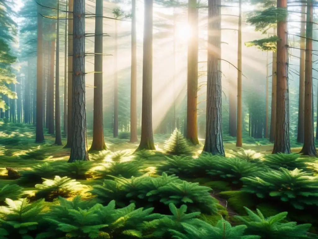 Un bosque de coníferas denso y sereno, con luz solar filtrándose entre los árboles altos, creando sombras moteadas en el suelo