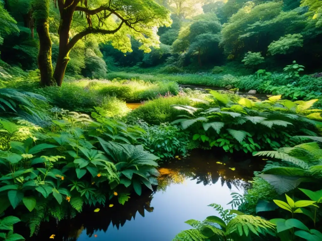 Un bosque exuberante y diverso, bañado en cálida luz dorada