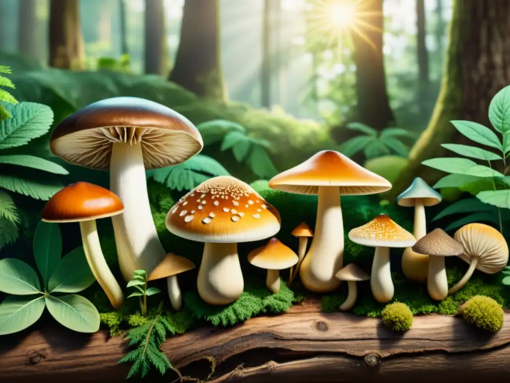 Un bosque exuberante con hongos medicinales detallados, iluminado por el sol, evocando el poder de la micoterapia medicinal