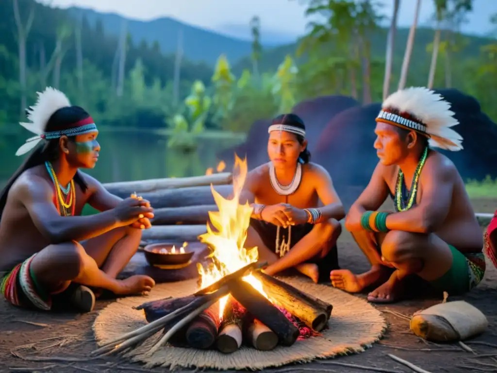 En un bosque exuberante, indígenas participan en una ceremonia de medicina tradicional en retiros culturales, iluminados por el fuego