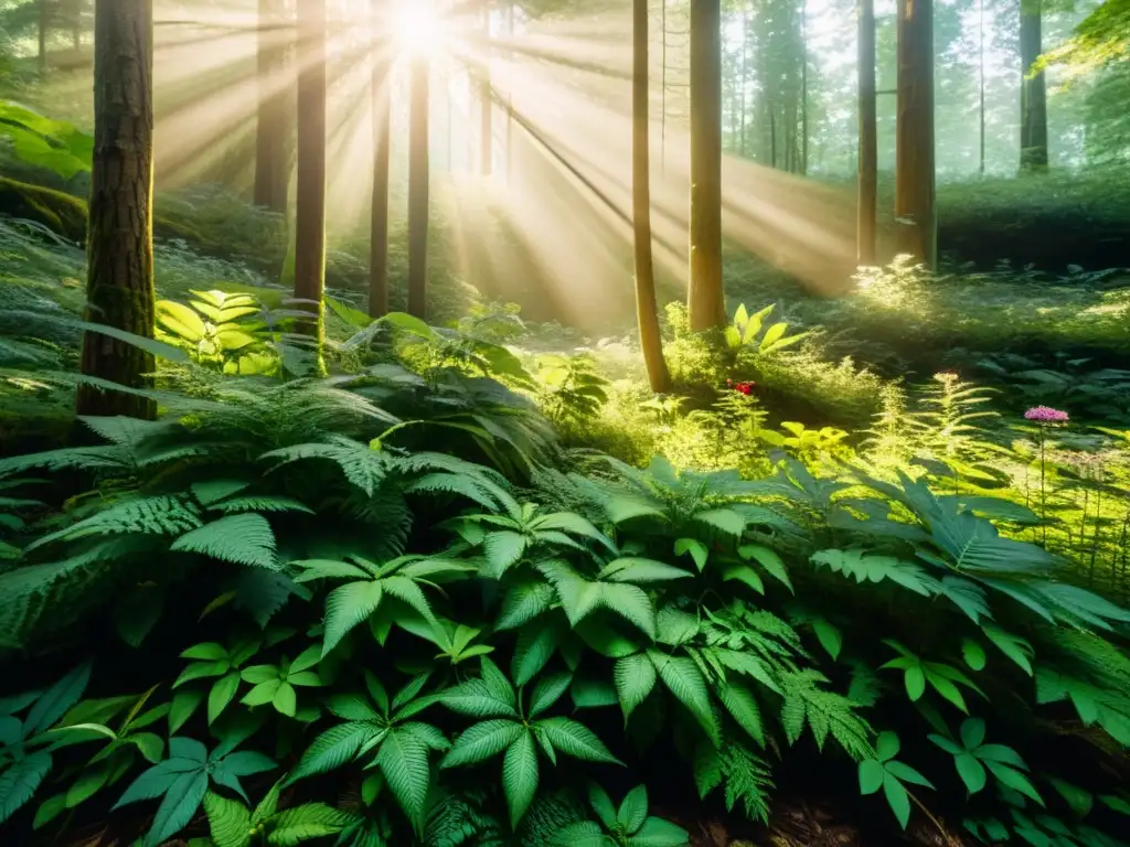 Un bosque exuberante con luz solar filtrándose entre el dosel, revelando una variedad de plantas medicinales silvestres