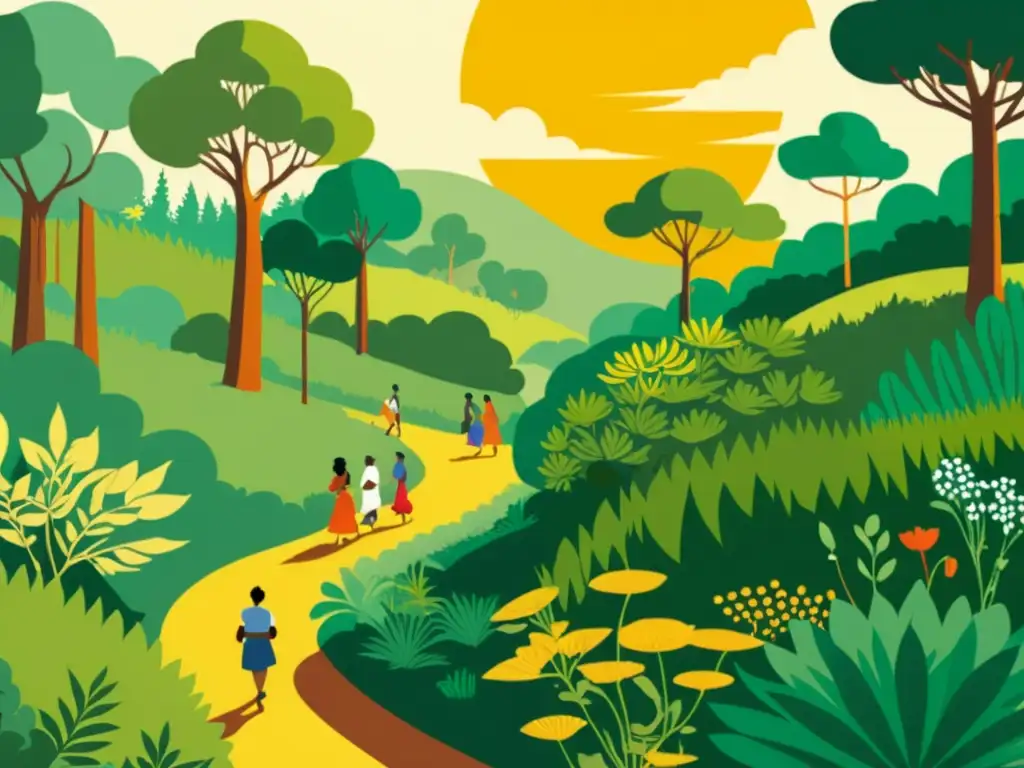 Exploración cultural: caminata entre plantas medicinales Un bosque exuberante con personas de diferentes culturas explorando plantas medicinales