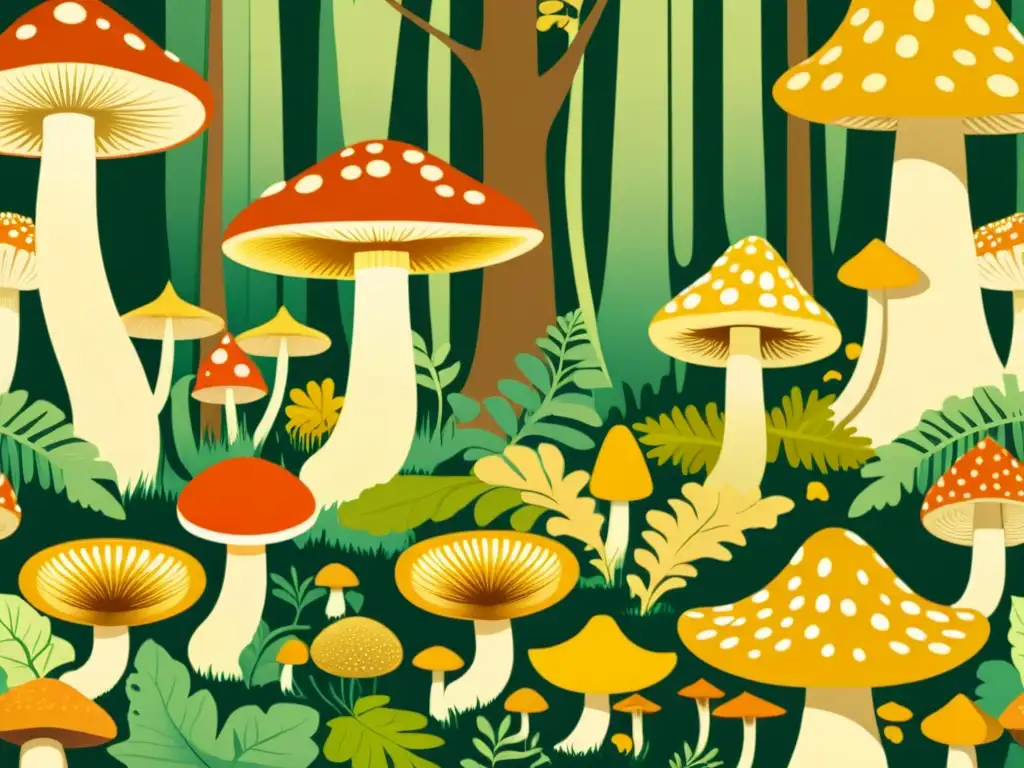 Un bosque exuberante rebosante de setas diversas en formas, tamaños y colores