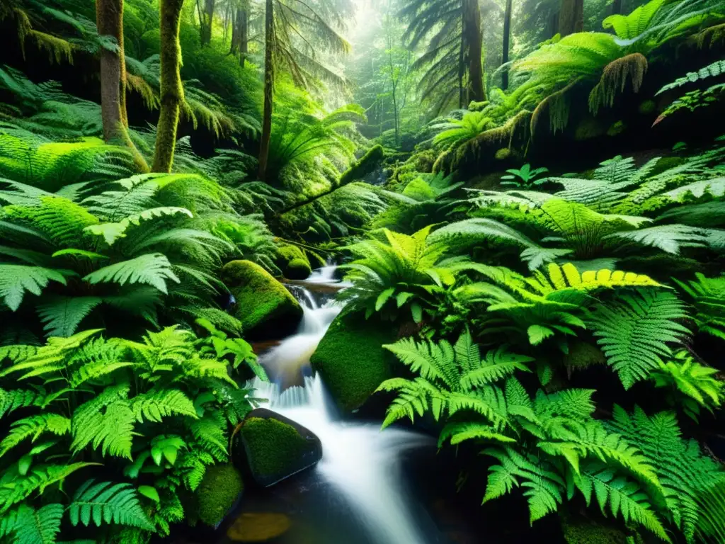 Un bosque exuberante y sereno con árboles imponentes, luz filtrándose y una variedad de plantas