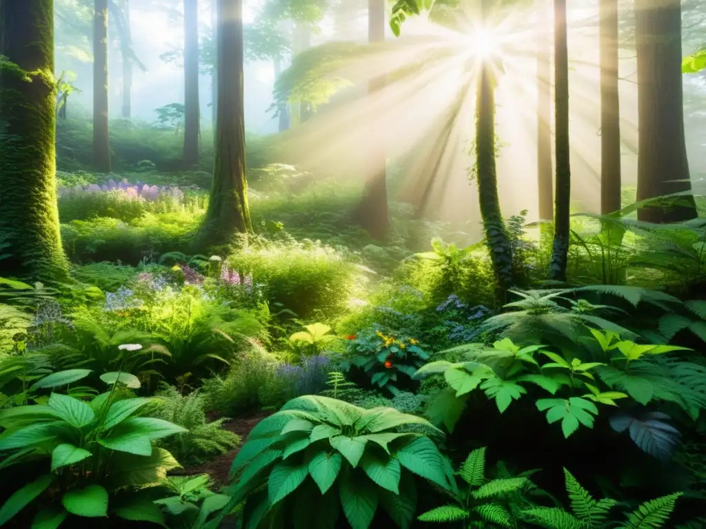 Un bosque exuberante y verde con plantas medicinales, vida silvestre y un ecosistema sostenible