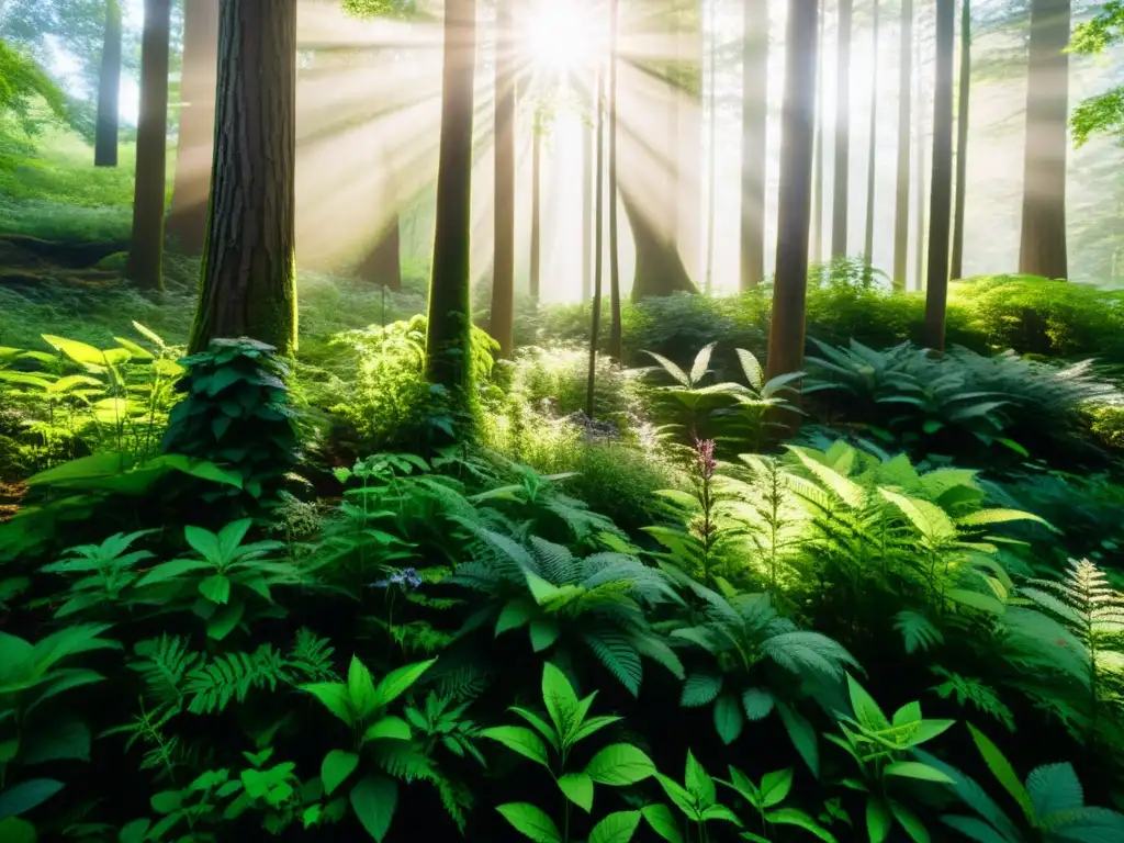 Un bosque exuberante y vibrante lleno de hierbas medicinales naturales, destacando la belleza y poder curativo de la naturaleza