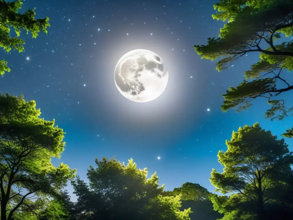 Claro de Luna en el Bosque Encantado Un bosque mágico iluminado por la suave luz de la luna llena, creando una atmósfera de serenidad y conexión espiritual