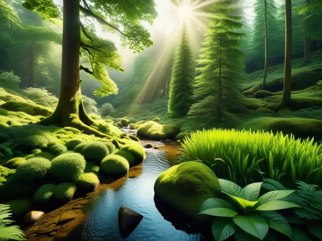 Bosque sereno: ilustración vintage de tranquilidad natural Bosque sereno con árboles majestuosos y luz solar filtrándose