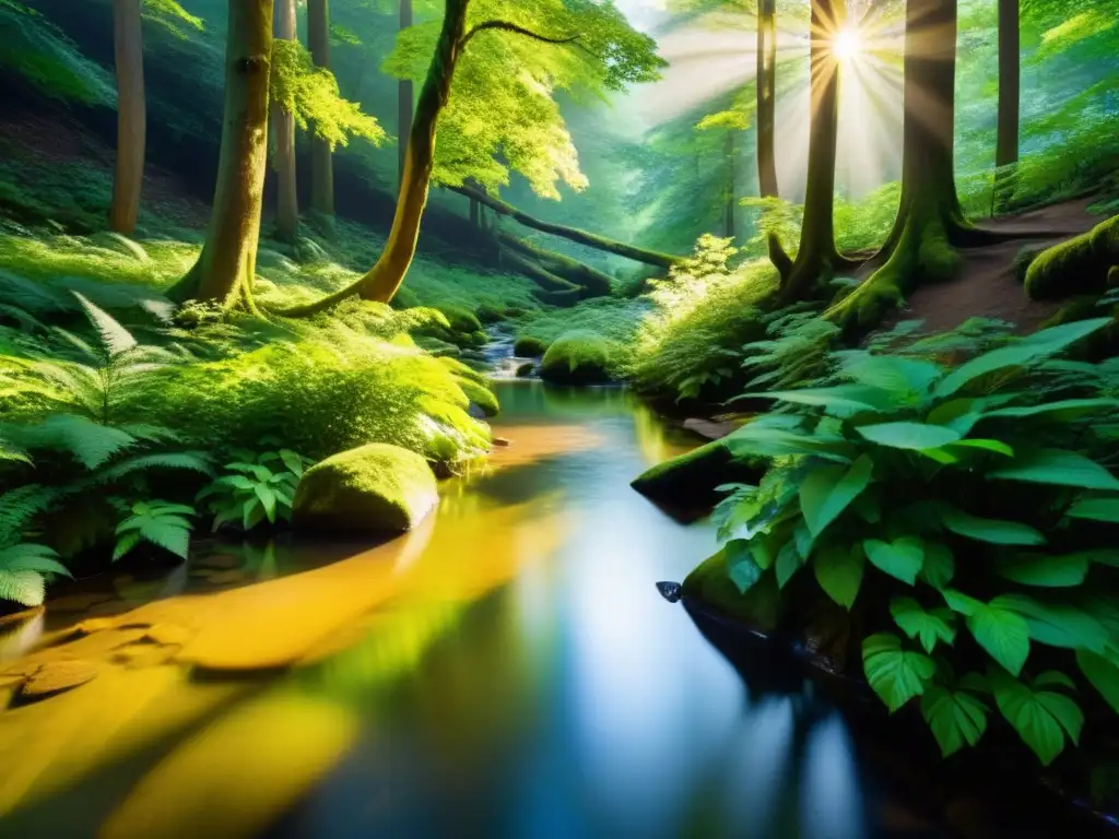 Un bosque sereno y exuberante, bañado por la luz dorada y con un arroyo cristalino