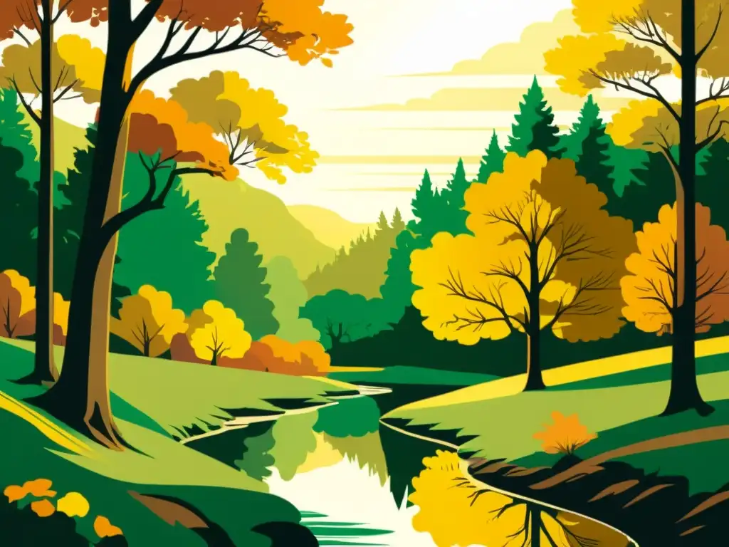 Bosque otoñal sereno: ilustración vintage evoca armonía natural Un bosque sereno y exuberante en otoño, bañado por la cálida luz del sol