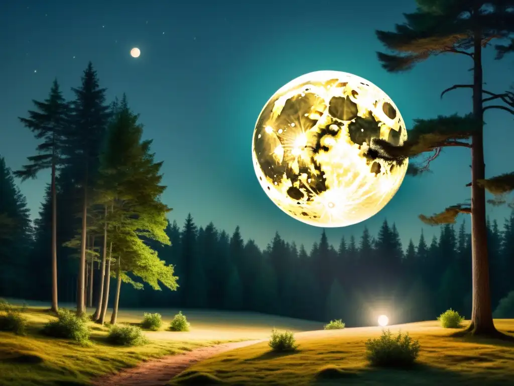 Tranquila noche de luna llena en el bosque Un bosque sereno iluminado por la mística luz de la luna llena, ideal para rituales de sanación emocional