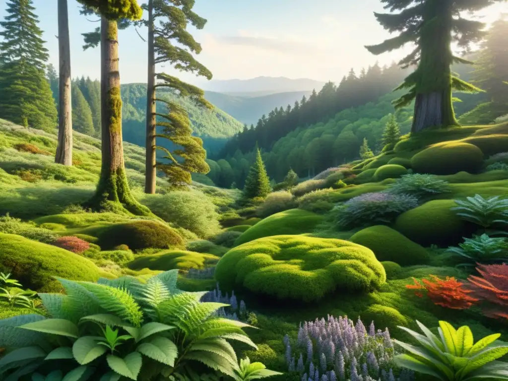 Bosque de plantas adaptógenas: armonía natural y bienestar Un bosque sereno con plantas adaptógenas y beneficios para reducir estrés