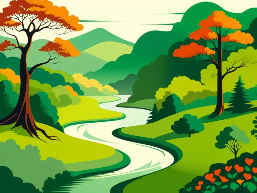 Bosque sereno en cambio estacional: ilustración vintage Un bosque sereno con un río serpenteante y árboles en tonos vibrantes de verde, naranja y rojo