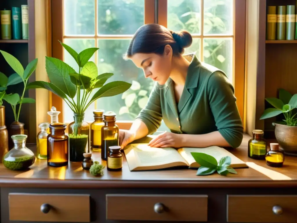 Un botánico prepara con esmero un ungüento medicinal vegetal en un acogedor y antiguo herbolario lleno de libros y frascos de vidrio