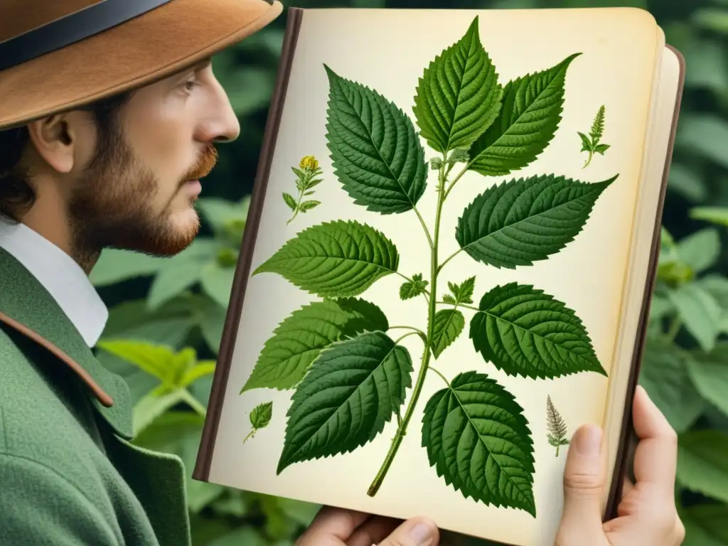 Un botánico examina una exuberante planta de ortiga en un jardín tradicional, documentando sus propiedades medicinales en un diario de cuero