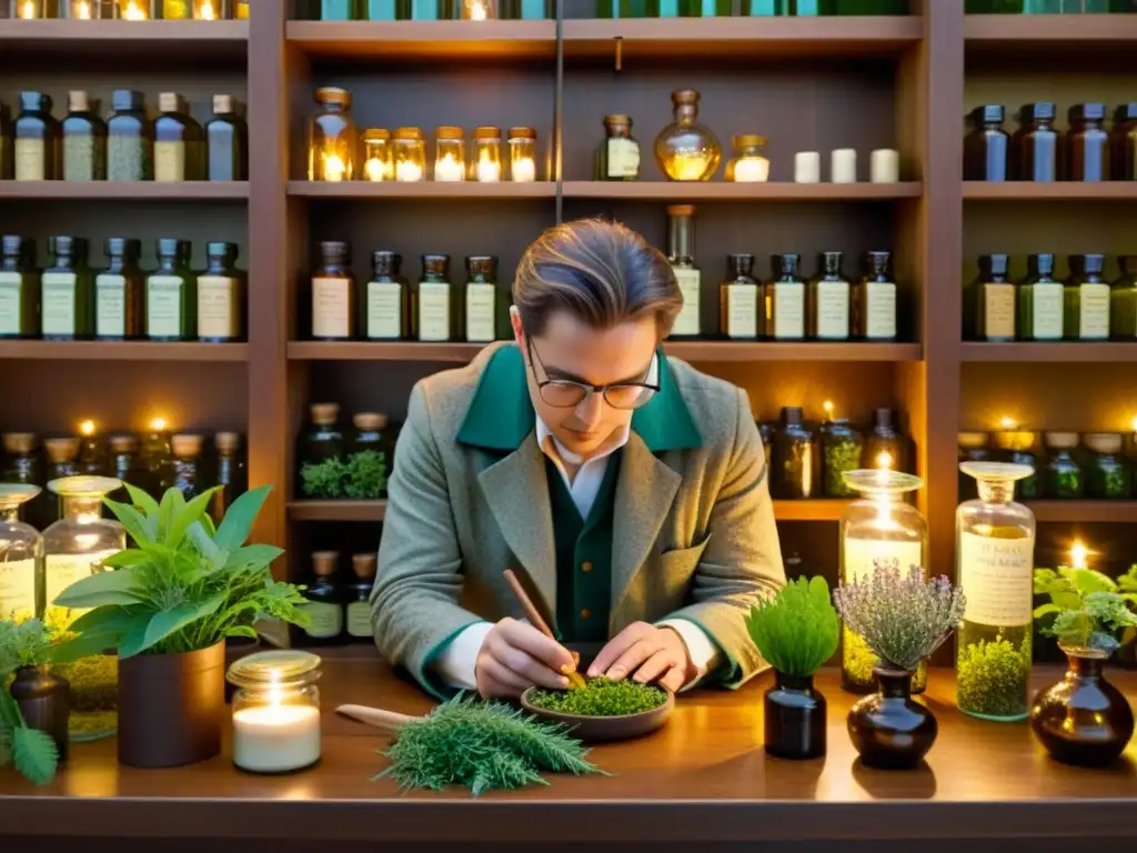 Un botánico examina plantas medicinales antiguas en una apotecaria iluminada por velas