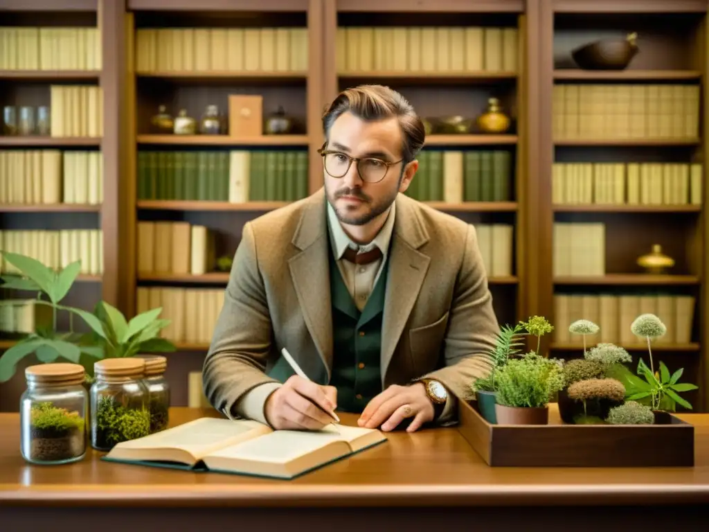 Un botánico examina y cataloga plantas medicinales en una biblioteca atmosférica