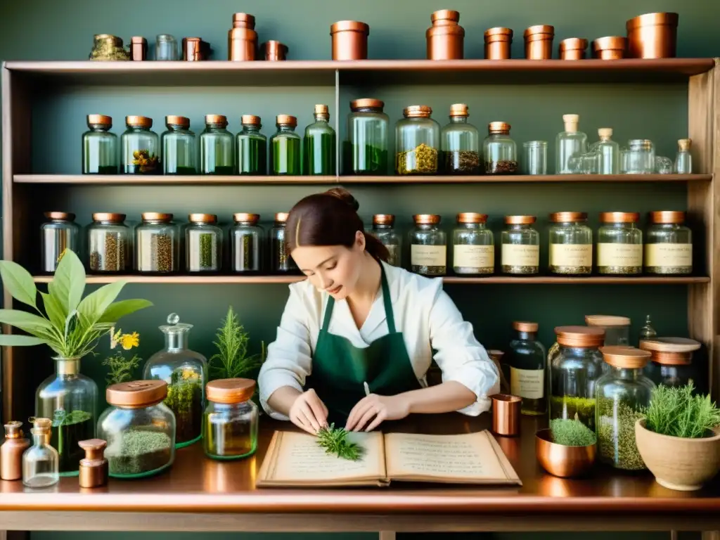 Un botánico extrae principios activos de plantas medicinales en un laboratorio vintage