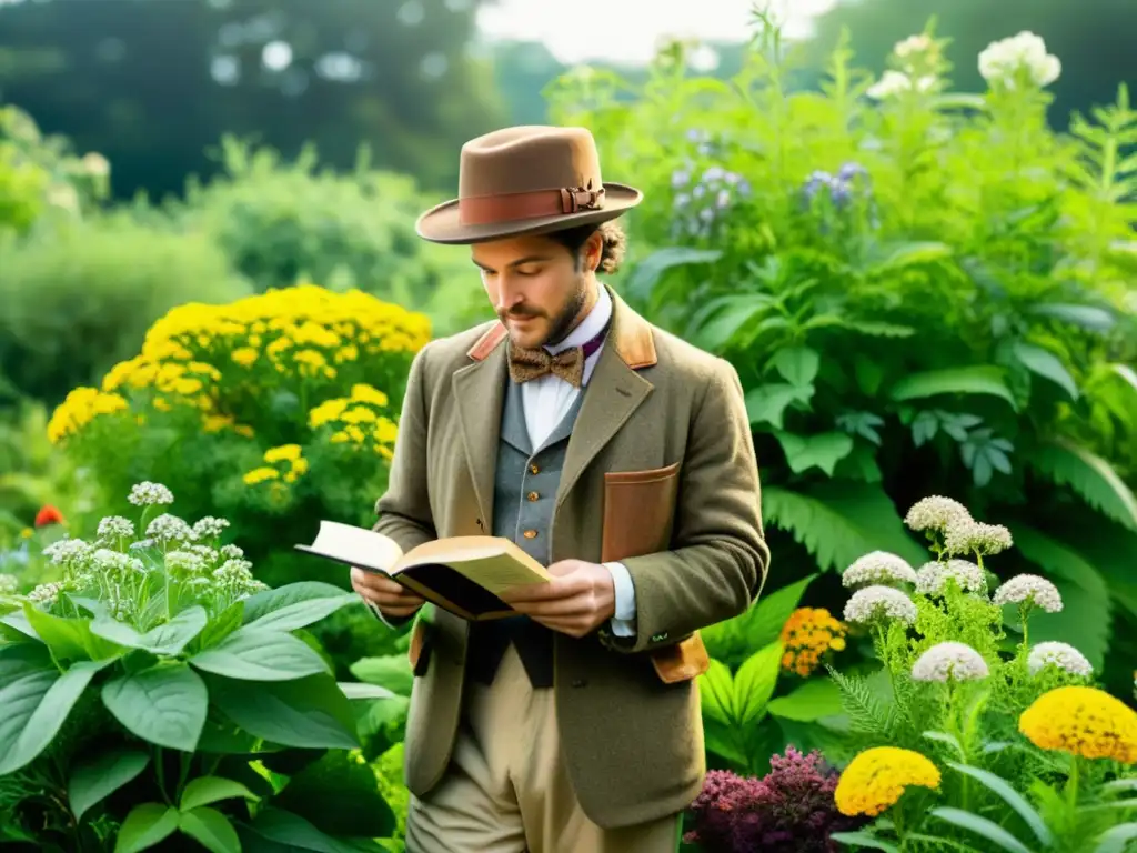 Un botánico del siglo XIX examina plantas medicinales en un exuberante jardín, conectando con el sistema inmunológico