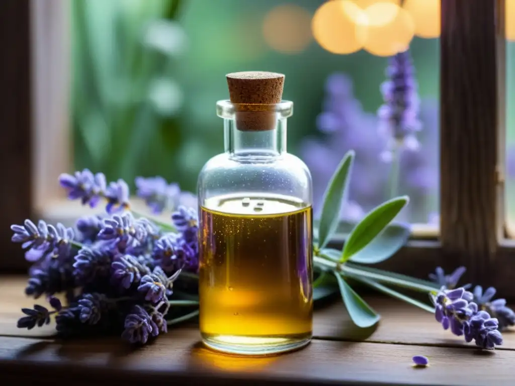 Botella de aceite esencial de lavanda antigua en mesa rústica con flores moradas, iluminada por luz dorada