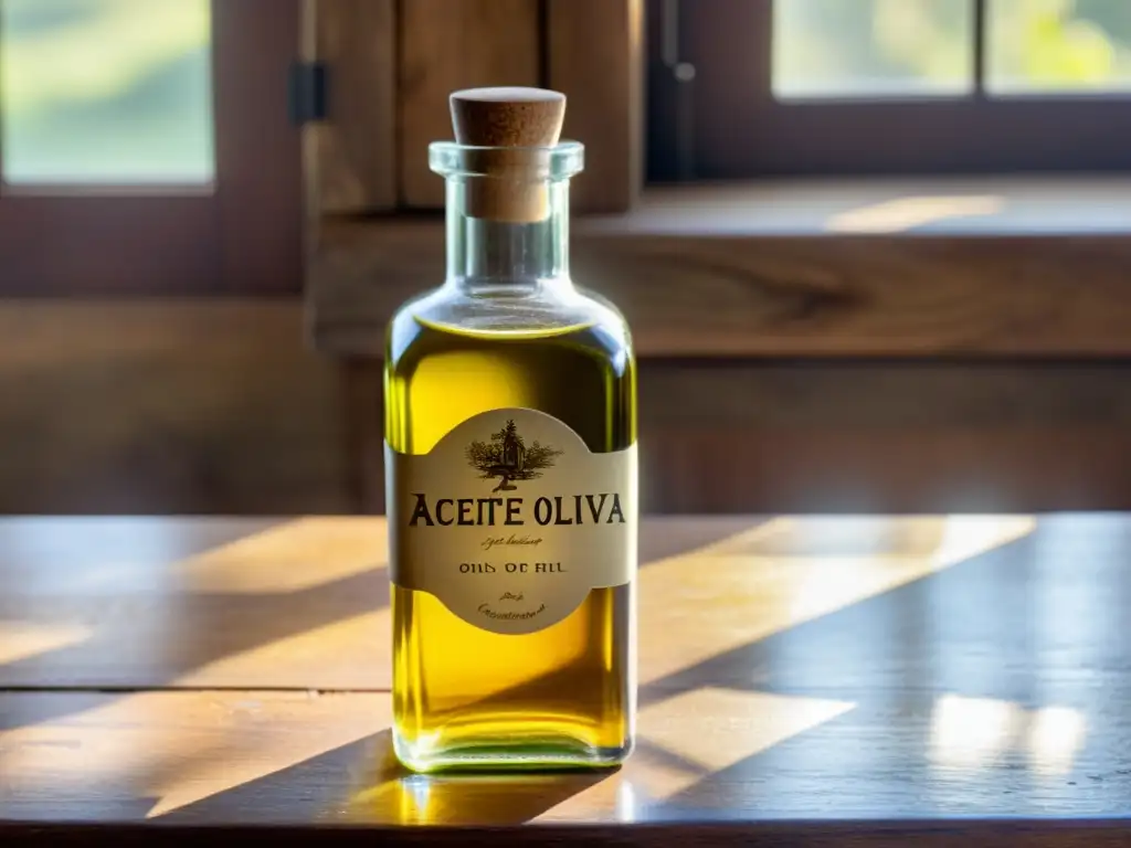 Botella antigua de aceite de oliva en mesa rústica, bañada en luz cálida