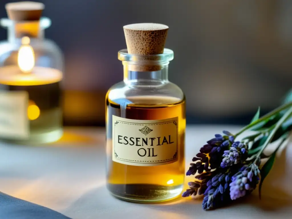 Botella vintage de aceite esencial dorado rodeada de pétalos de lavanda y rosas secas, emitiendo una cálida luz en la habitación