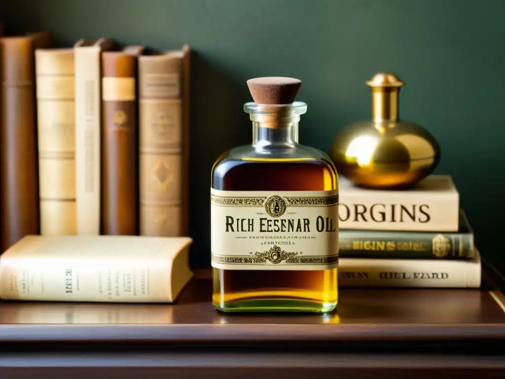 Botella vintage de aceite esencial dorado, rodeada de libros antiguos