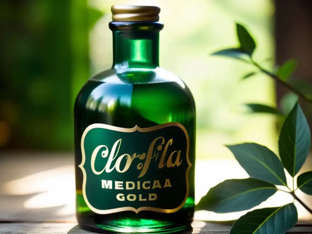 Una botella vintage de clorofila medicinal con líquido verde intenso, evocando remedios herbales tradicionales