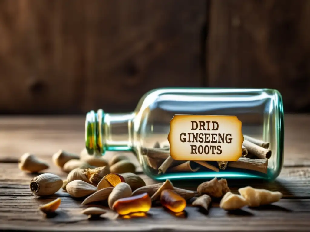 Una botella vintage de vidrio con raíces de ginseng secas, evocando un poder curativo natural y tradición ancestral