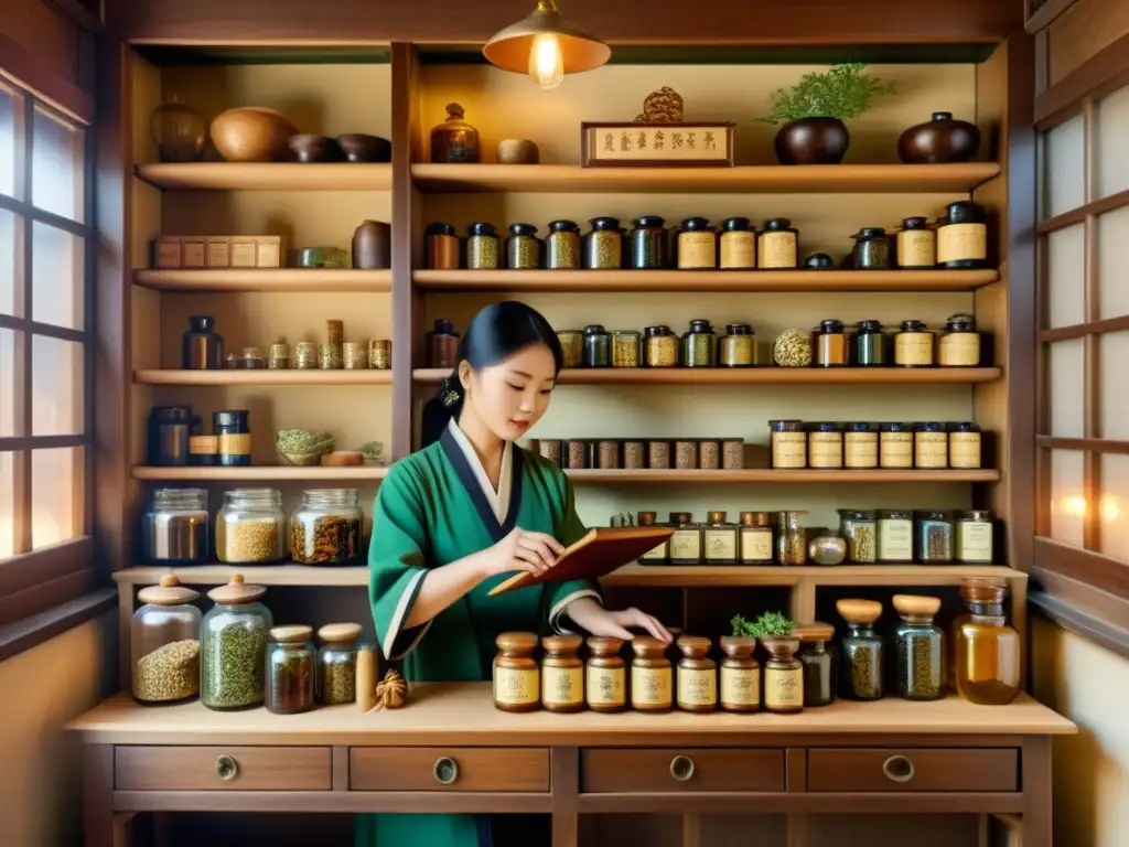 Una ilustración vintage detalla una botica de medicina tradicional china con hierbas, raíces e ingredientes medicinales