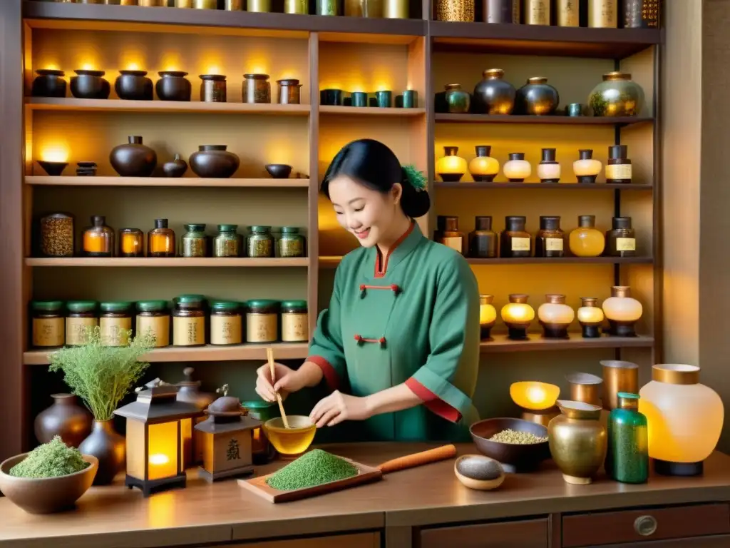 Un ilustración vintage de una botica de medicina tradicional china, llena de hierbas y remedios